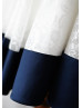 Ivory Lace Navy Blue Trim V Back Big Bow Knee Length Flower Girl Dress  